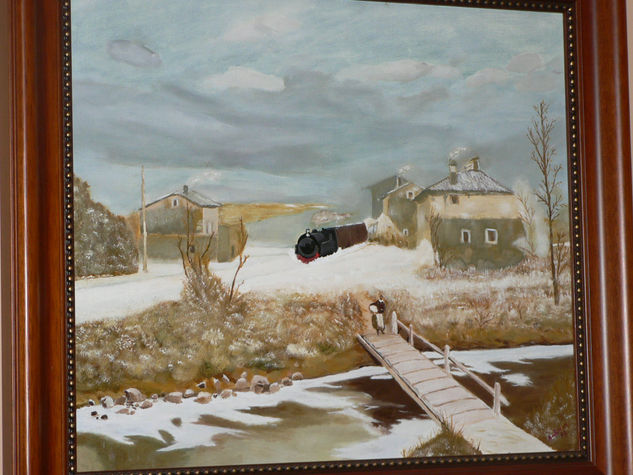 Paisaje de invierno con tren Oil Canvas Landscaping