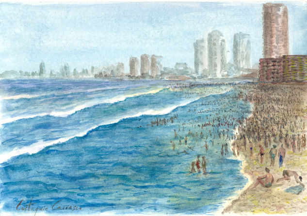 Multitud de Gente en la Playa Watercolour Card Landscaping