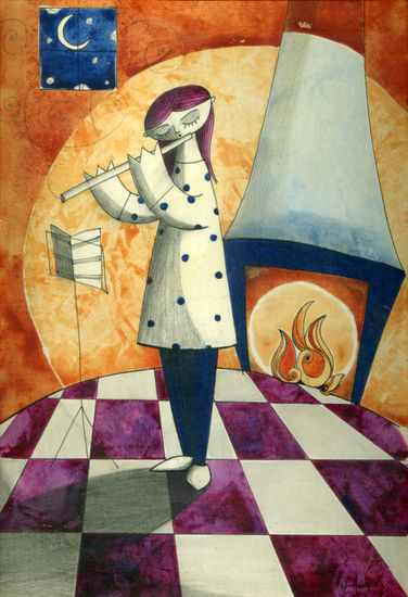 flauta junto al fuego Gouache Paper Figure Painting