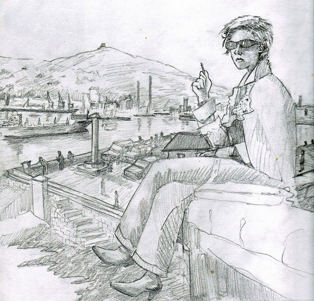 chica en Algorta delante de Santurtzi y El Abra de Bilbao