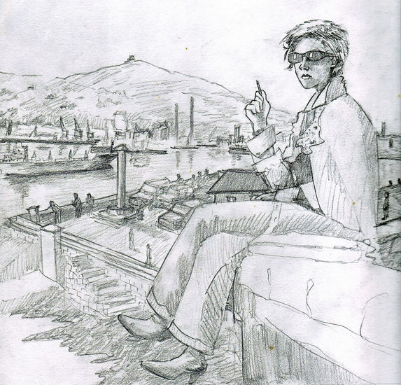 chica en Algorta delante de Santurtzi y El Abra de Bilbao Pencil