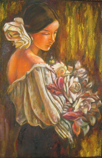 muchacha con flores II Oil Canvas Figure Painting