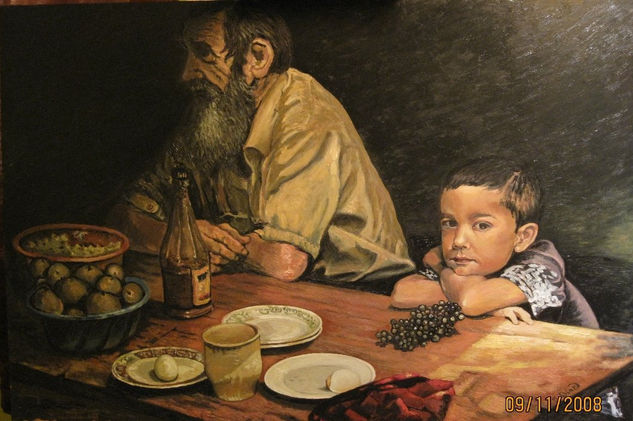 Abuelo y nieto a la mesa Oil Canvas Landscaping