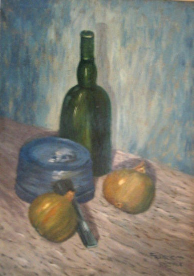 Botella, cebollas y cazillo Oil Canvas Still Life Paintings