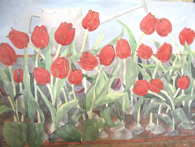 Tulipanes Rojos Watercolour Paper Floral Painting