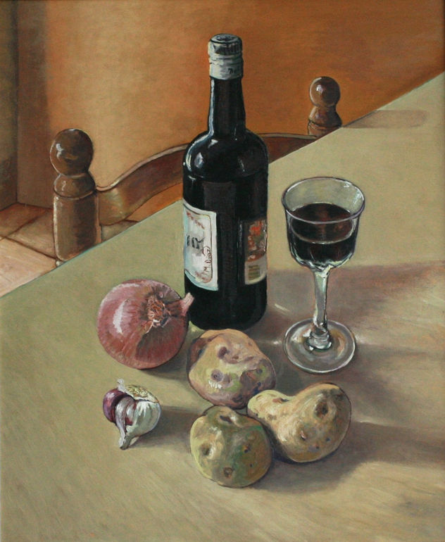 Bodegón con patatas, vino, ajos y cebolla