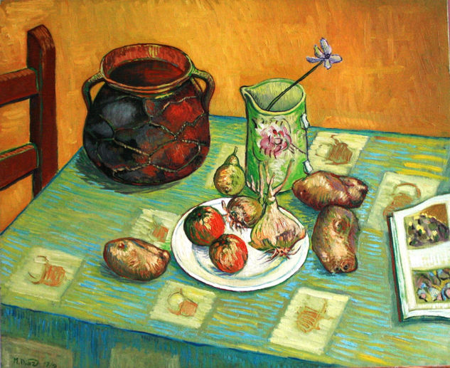 Bodegón con jarrón, cebollas, tomates, pera y libro Oil Canvas Landscaping