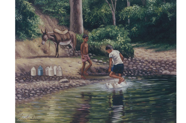 niños buscando agua Óleo Lienzo Paisaje