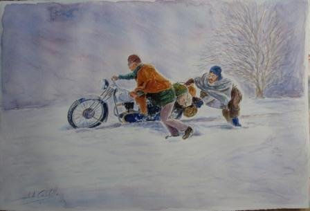 "Atrapados con la moto,  en la Nieve" Acuarela Papel Figura