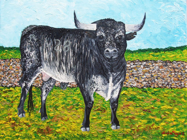 Toro Miura Càrdeno en el campo, óleo 35X40, año 2008. Oil Canvas Animals