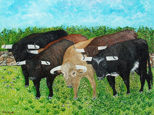 Seis toros en un cercado, óleo 45x55. Óleo Lienzo Paisaje