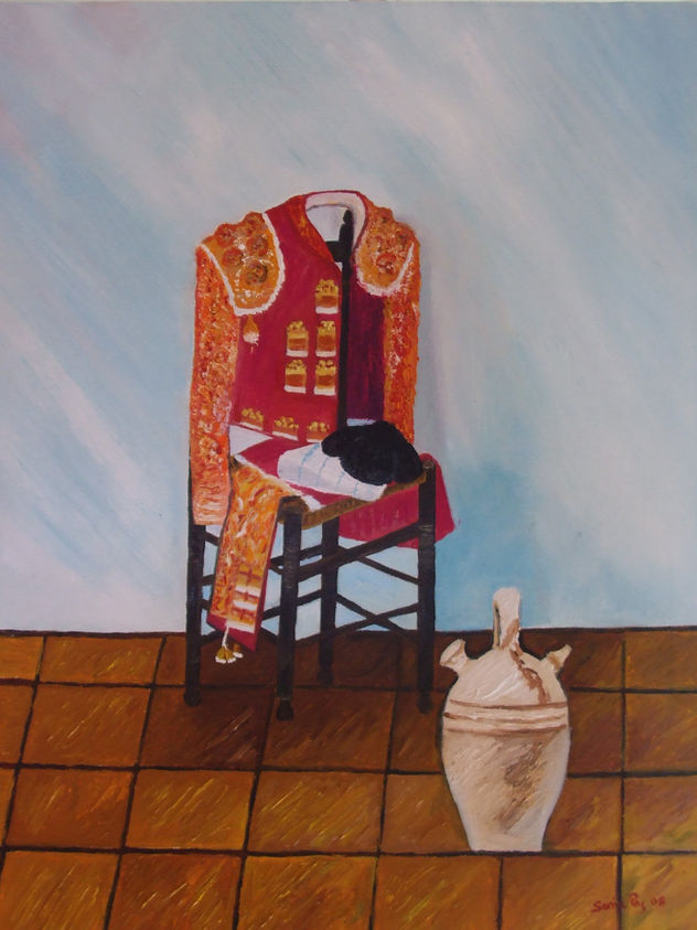 Traje de toreo con silla, óleo 38x47.