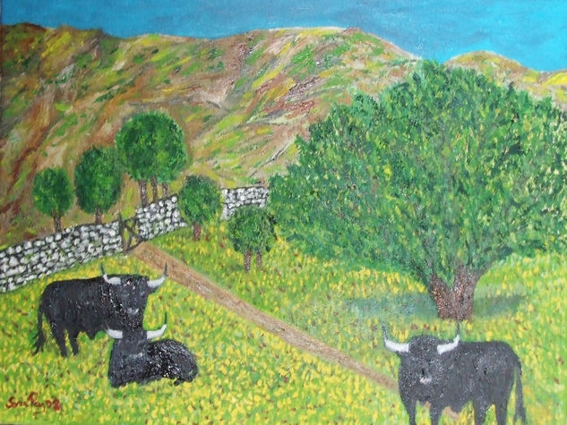 Campo de toros, óleo 20x30, año 2008. Oil Canvas Animals