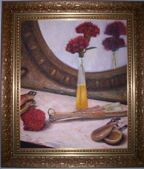 Bodegón con claveles. Oil Canvas Still Life Paintings