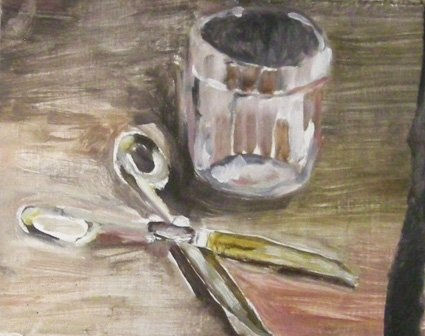 VASO CON TIJERAS Oil Panel Still Life Paintings