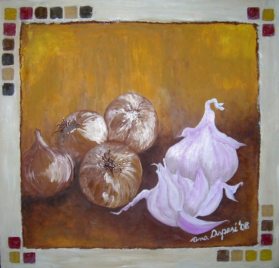 Ajos y cebollas Oil Panel Still Life Paintings