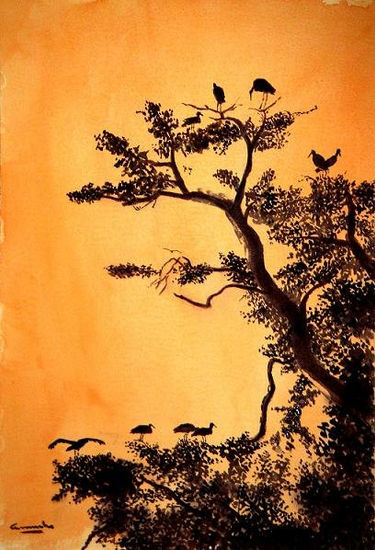 GRULLAS EN EL ARBOL Watercolour Paper Animals