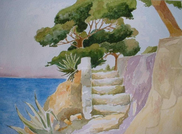 escaleras hacia la playa Watercolour Paper Landscaping