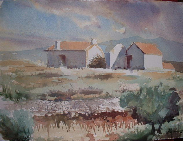 cortijo con olivo Acuarela Papel Paisaje