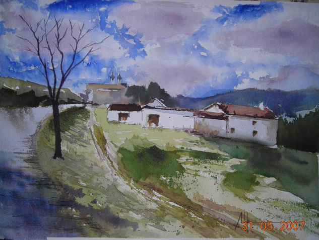 a la salida del pueblo Acuarela Papel Paisaje