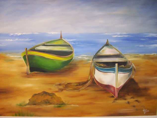 BOTES EN LA ARENA Oil Canvas Marine Painting