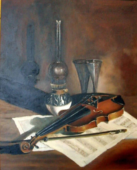 Violín y partitura Oil Panel Still Life Paintings