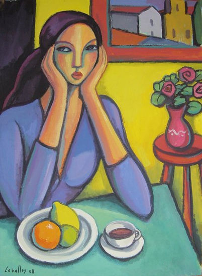 Chica en la mesa Gouache Cartulina Paisaje