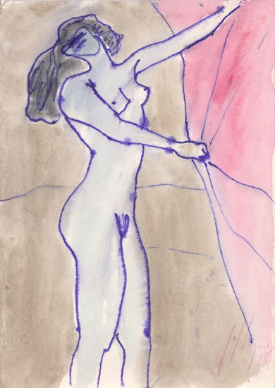 Desnudo femenino sujetando una cortina, (Nude female holding a curtain) Watercolour Card Nude Paintings