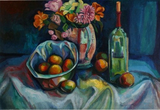 Bodegón flores y frutas