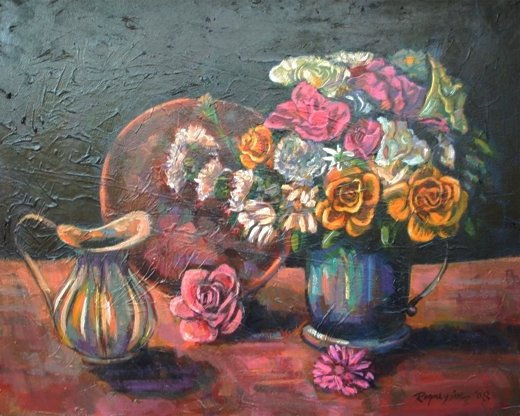 Flores y jarra sobre la mesa Mixed media Canvas Still Life Paintings