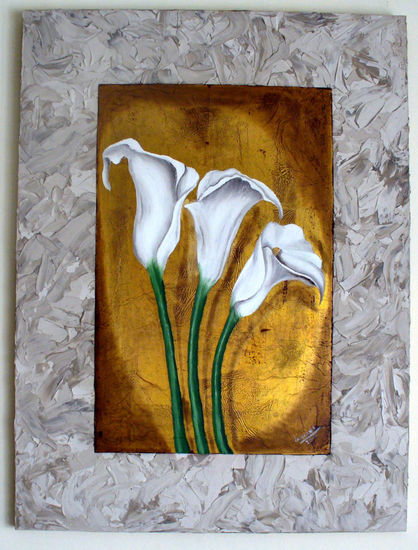 Blanco y oro II Oil Panel Floral Painting