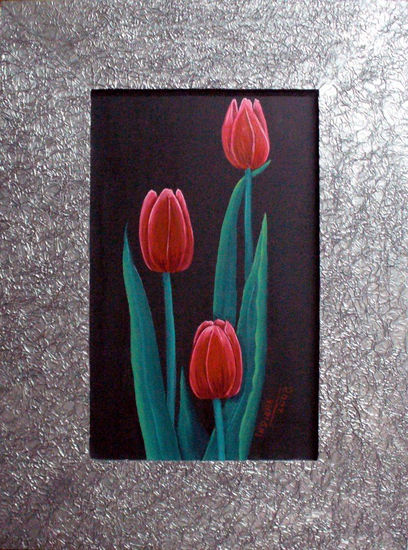 Negro y Plata II Oil Panel Floral Painting