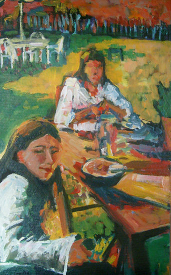 " LA MESA  DE LA CASA COLORIDA " Oil Canvas Figure Painting