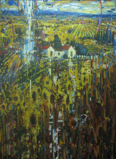 DE MIS PAISAJES - CAMPOS CON GIRASOLES.- Mixed media Panel Landscaping