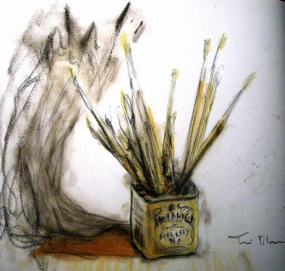 lata con pinceles Pastel Paper Still Life Paintings