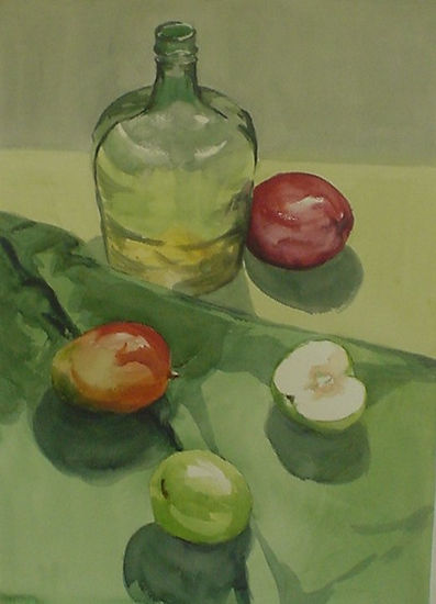 MANZANAS CON BOTELLA Watercolour Paper Still Life Paintings