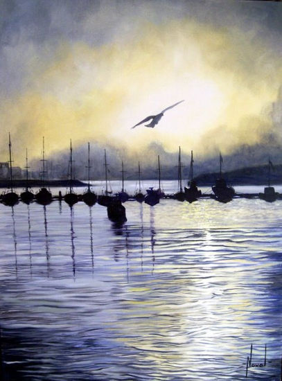 ANOCHECER EN EL PUERTO DEPORTIVO ( GIJON ) Oil Canvas Marine Painting