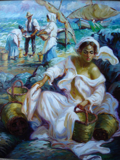 Esperando la pesca Oil Canvas Figure Painting