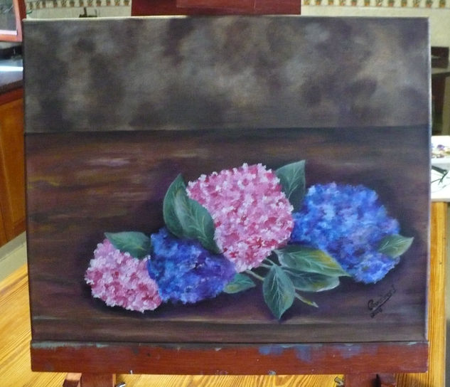 Hortencias sobre la mesa Acrylic Canvas Floral Painting