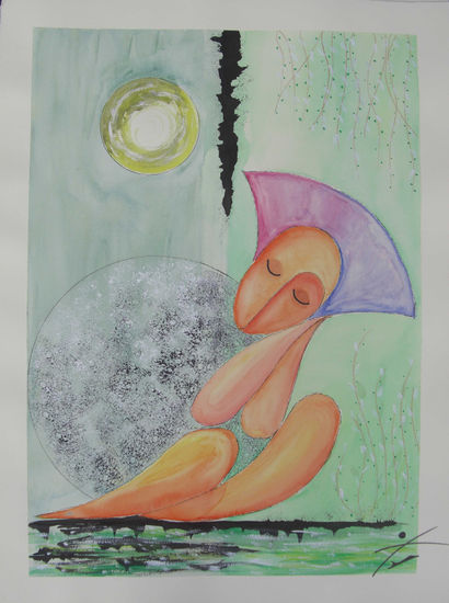 Durmiendo bajo dos lunas Watercolour Card Figure Painting