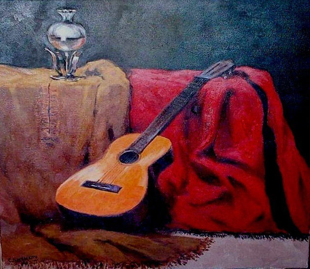 Poncho y guitarra Oil Canvas Still Life Paintings