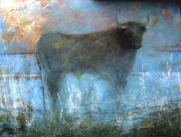 novillo en el campo Oil Panel Animals