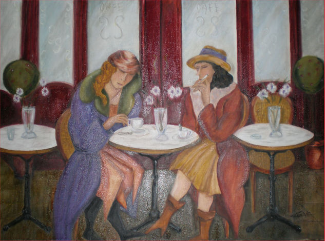 Confidencias de Café Oil Canvas Figure Painting