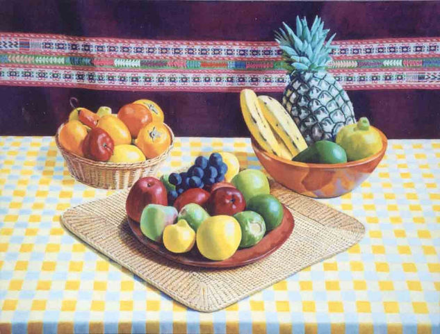 bodegon con frutas y manto Oil Textile Still Life Paintings