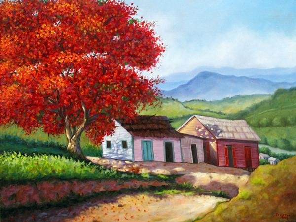 Flamboyán con casas campesinas
