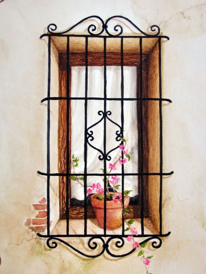 Ventana Acuarela Papel Floral