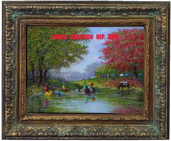 paisaje con framboyan y lavanderas en el rio
