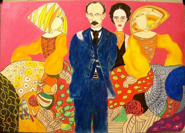 Jose Marti y Carmen Miyares con las bailarinas españolas Pastel Paper Portrait