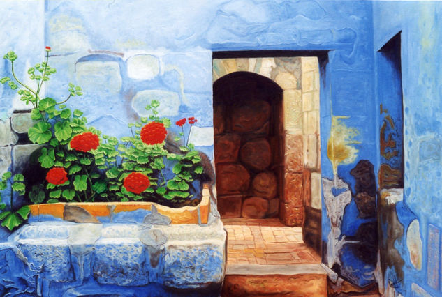 Geraneos en patio azul Oil Canvas Floral Painting