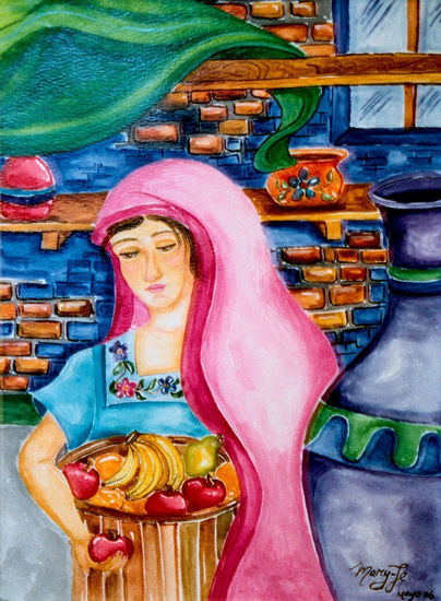 India con frutas Watercolour Paper Still Life Paintings